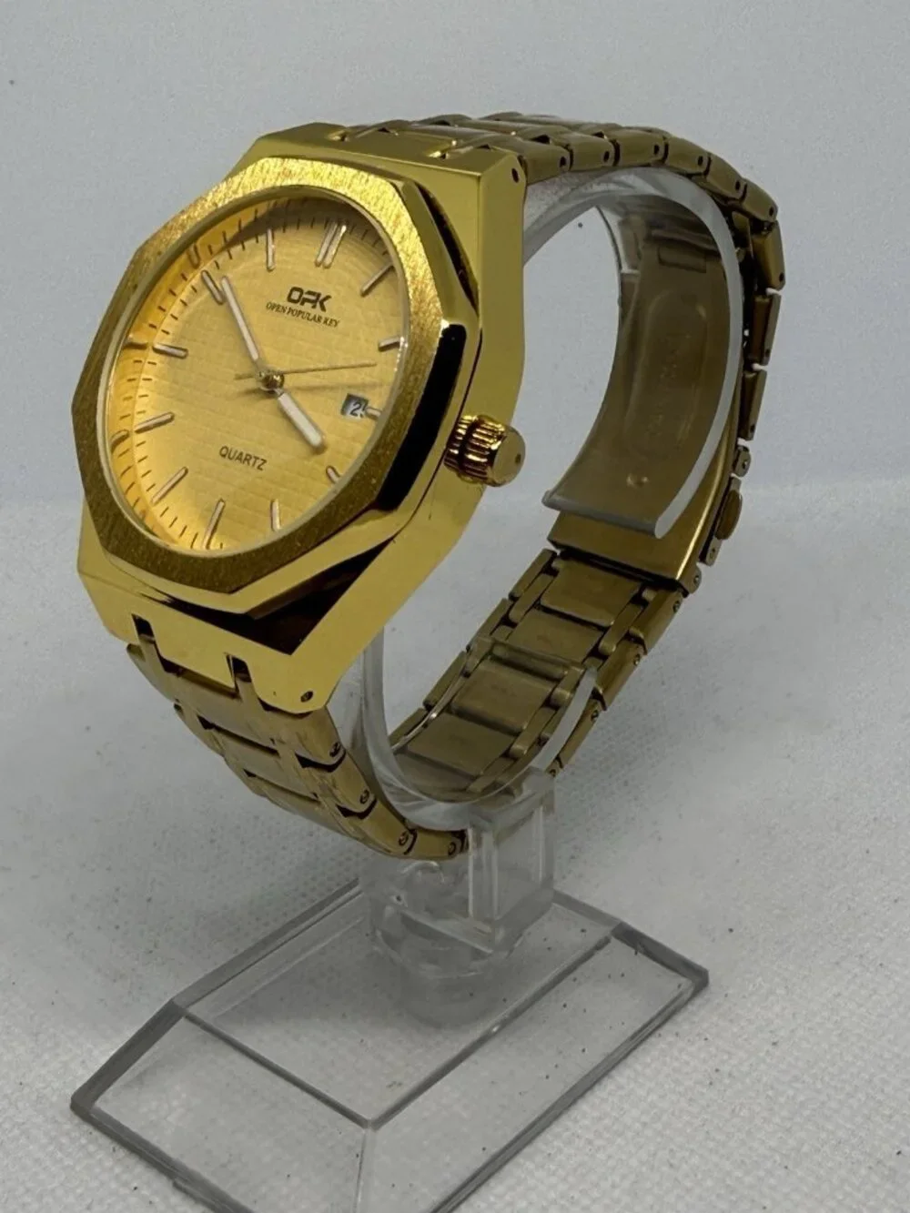 OPK 8139 Men's Quartz Watch Full Gold Tone Stainless Steel Eight-Sided Bezel